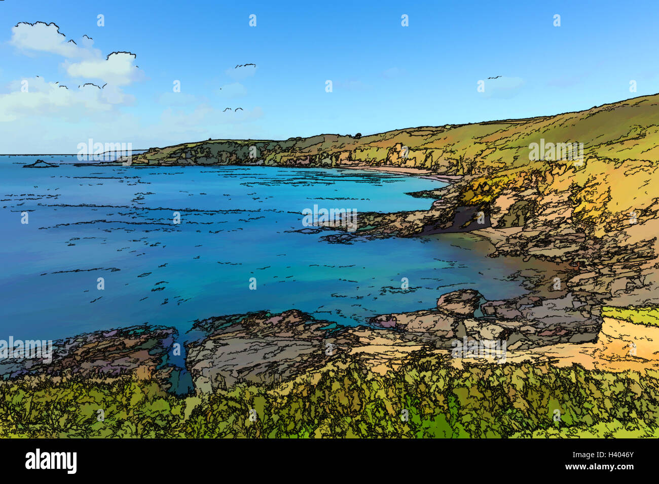 Kenneggy Sand Cornwall England west of Praa Sands and Penzance with blue sky and sea colourful illustration like cartoon effect Stock Photo
