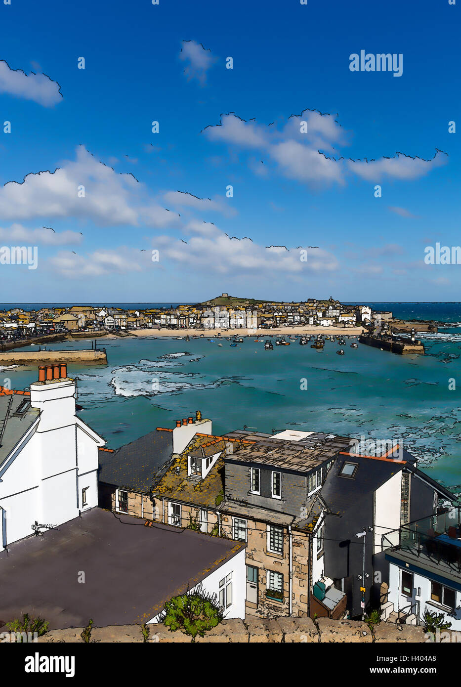St Ives Cornwall England uk beautiful coast town and harbour illustration like cartoon effect Stock Photo