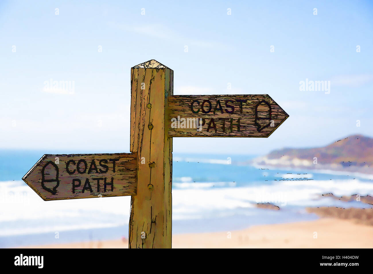 Coast path sign by beach and coast bright colours illustration Stock Photo