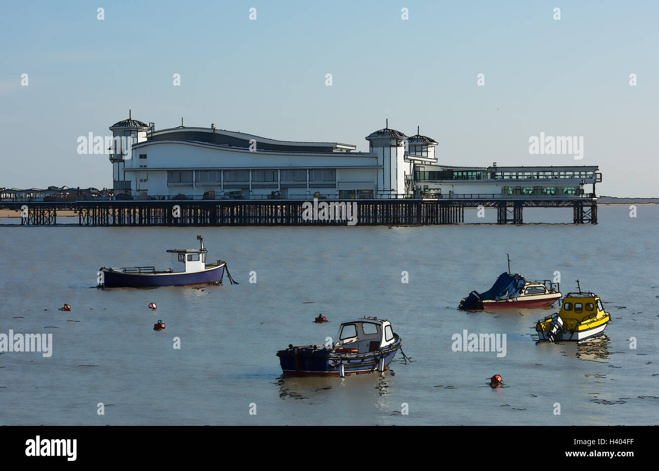 Weston-super-mare Somerset boats and the Grand Pier in popular tourist town illustration Stock Photo