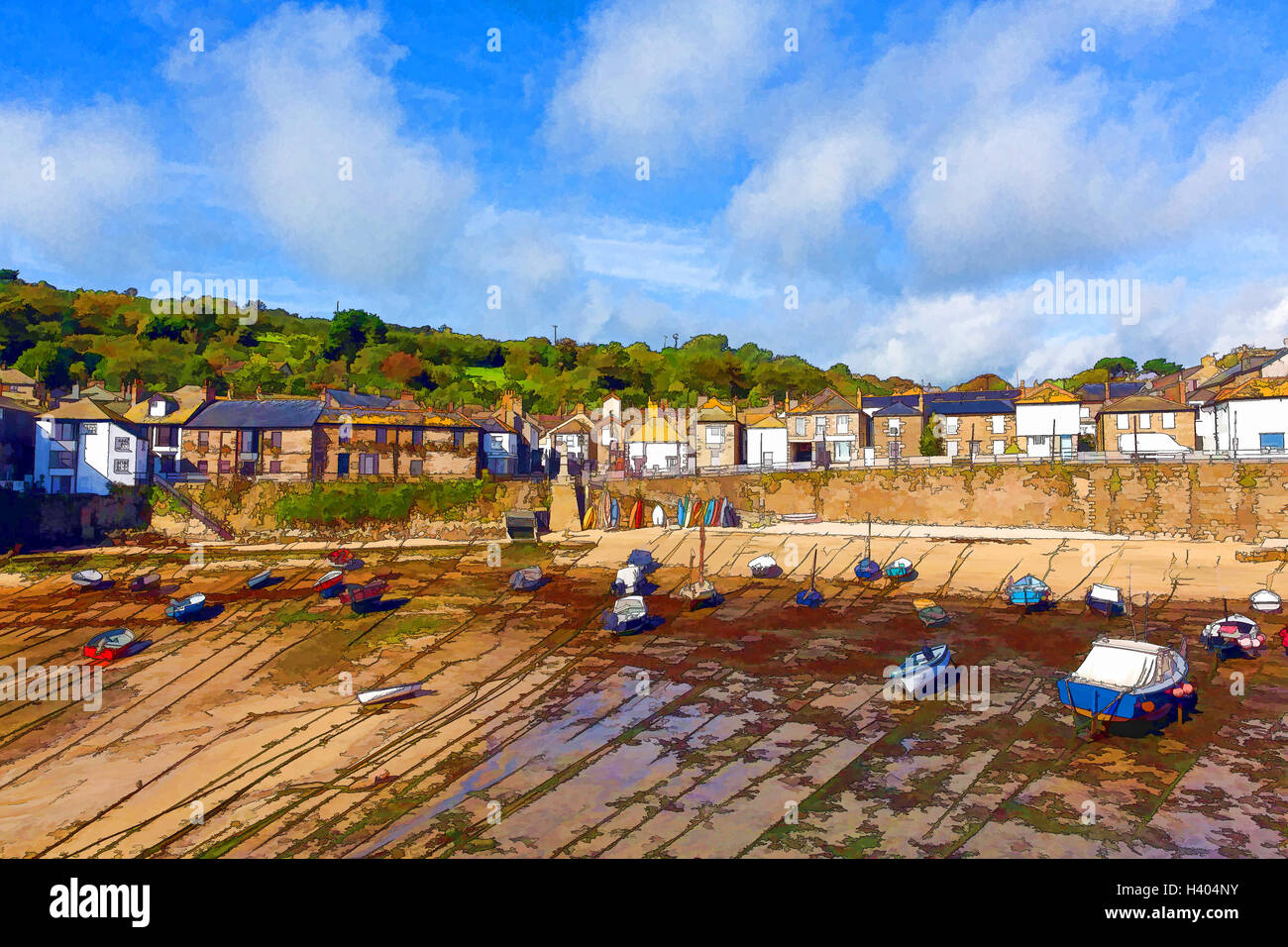 Mousehole harbour Cornwall England UK Cornish fishing village bright colours illustration like cartoon effect Stock Photo