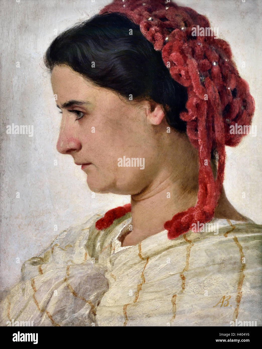 Arnold Bocklin 1827-1901 Swiss Switzerland  was a Swiss symbolist painter. seine Ehefrau Angela mit rotem Haarnetz - His wife Angela with a red hairnet 1863 Stock Photo