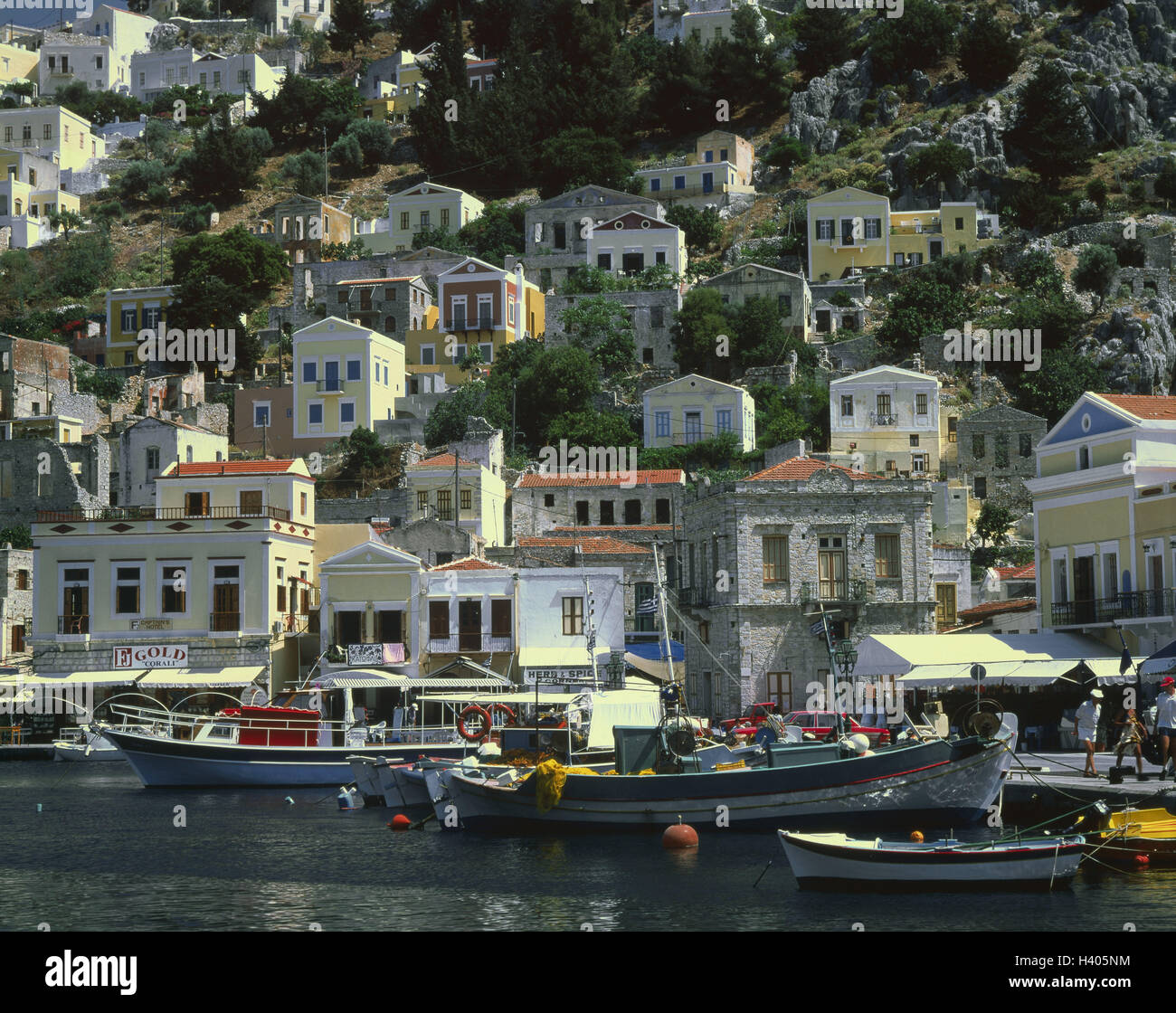 Greece, island, Symi, town view, harbour, Dodekanes, island, Simi, view, fishing boats, boots Stock Photo