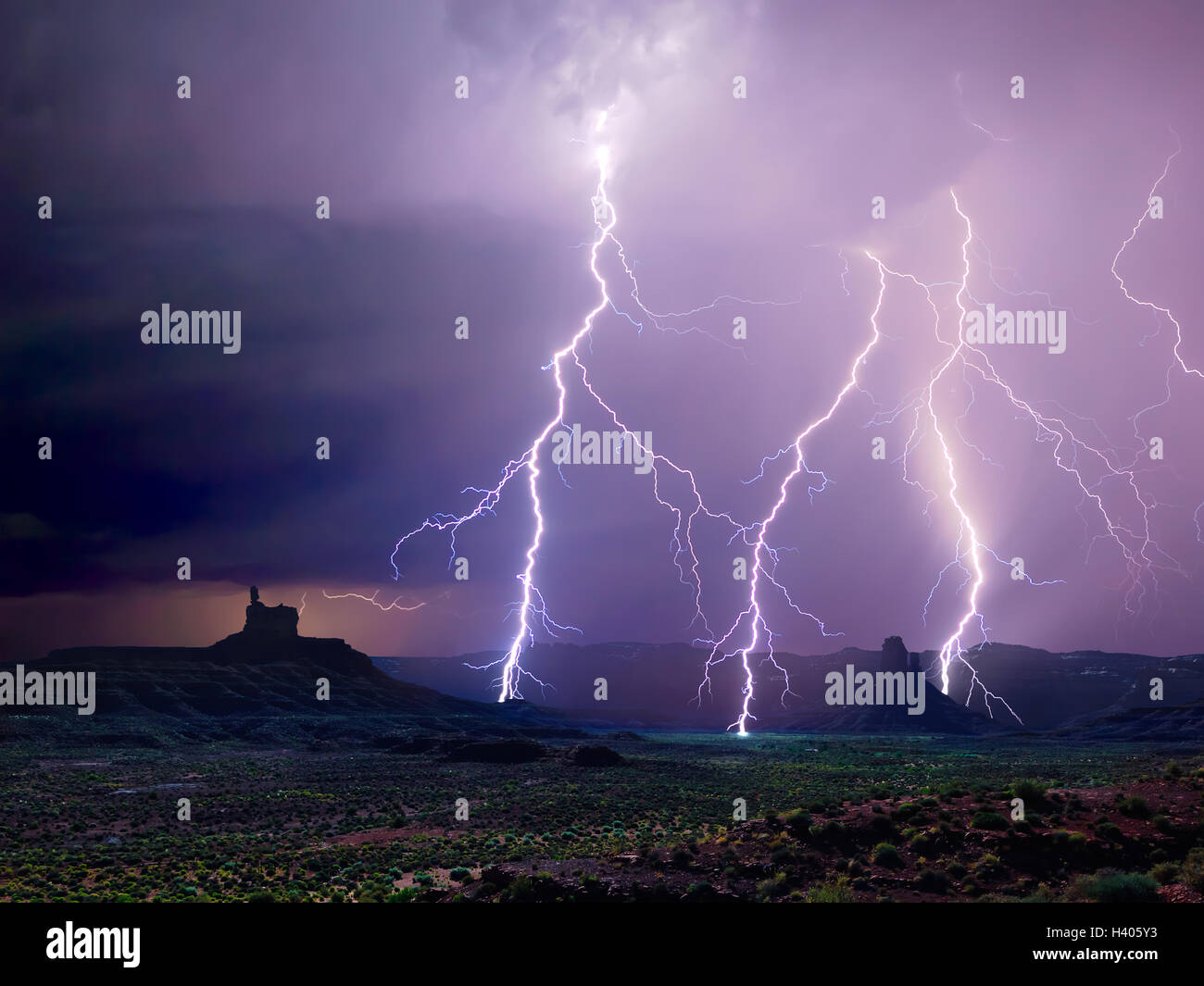 Lightning storm, Valley of the Gods, Utah, United States Stock Photo