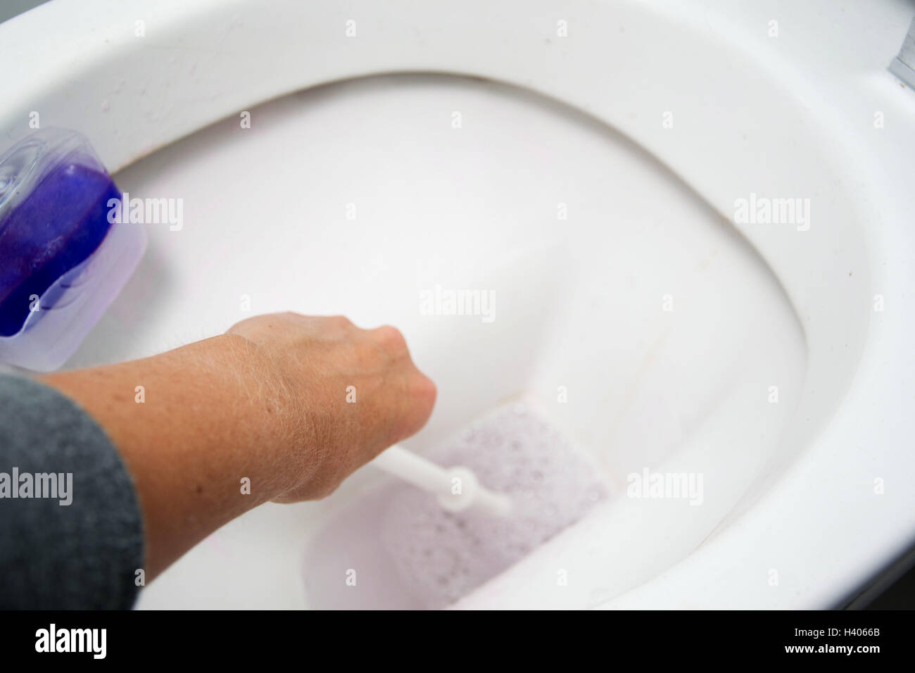 A woman cleans a bathroom toilet with a scrub brush Stock Photo