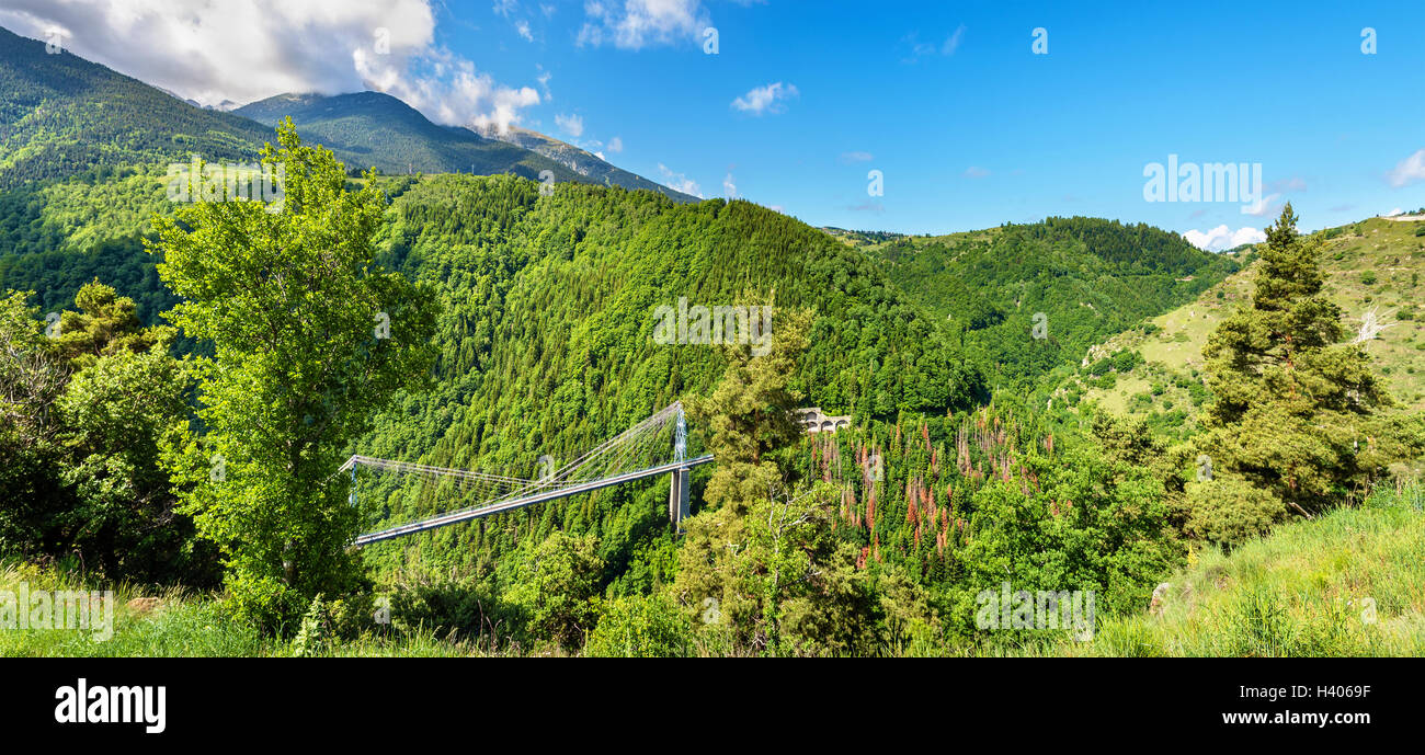 Panorama of Pyrenees with Cassagne Bridge, France Stock Photo