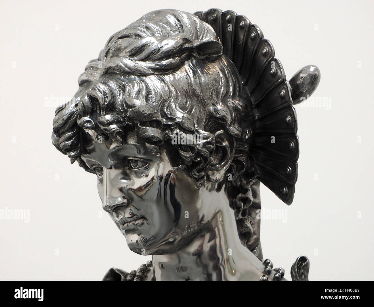 detail of Jeff Koons' stainless steel statuary work Italian Woman with highly polished reflective curved surfaces Stock Photo