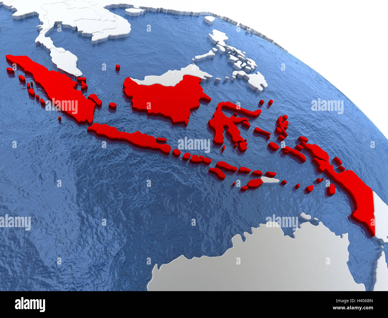 Map of Indonesia on globe with metallic land and realistic water. 3D illustration Stock Photo