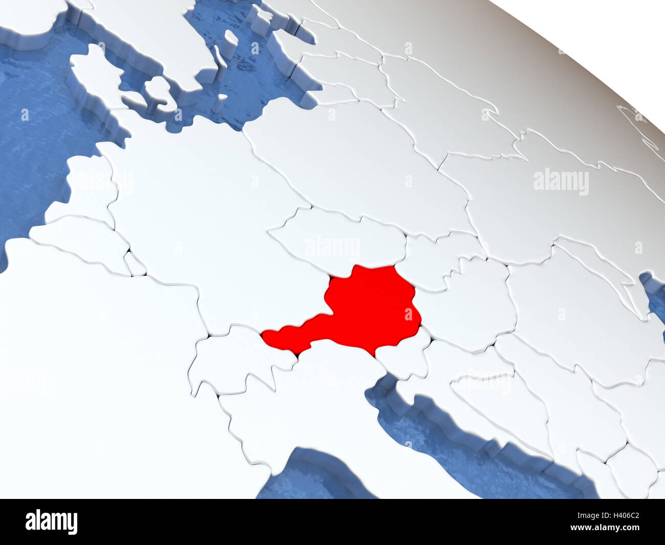 Map of Austria on globe with metallic land and realistic water. 3D