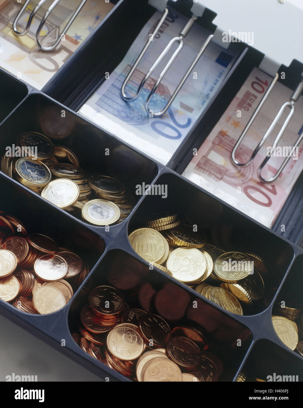 Cash box drawer, money, euro coins, euronotes, cash box, monetary cash box, cash register, opened, openly, cash, means payment, banknotes, monetary coins, coins, euro, fields, monetary fields, passed away, currency, Still life, product photography Stock Photo