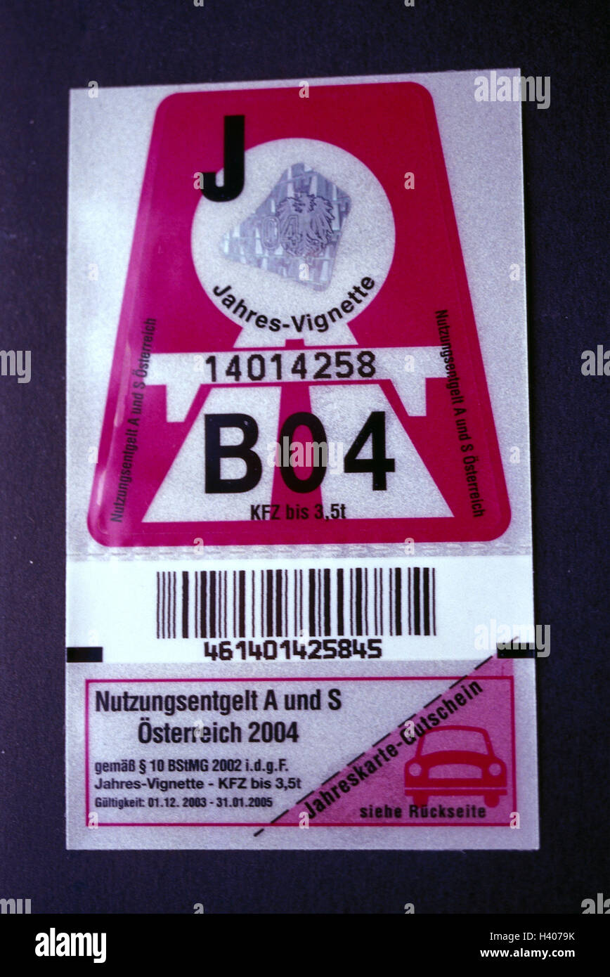 Austria, annual autobahn-tax sticker, in 2004, product photography, traffic, compensation fee, street use, vehicle, autobahn-tax sticker, revenue stamp, autobahn-tax sticker, street autobahn-tax sticker, toll, highway use, street use, Austrian autobahn-ta Stock Photo