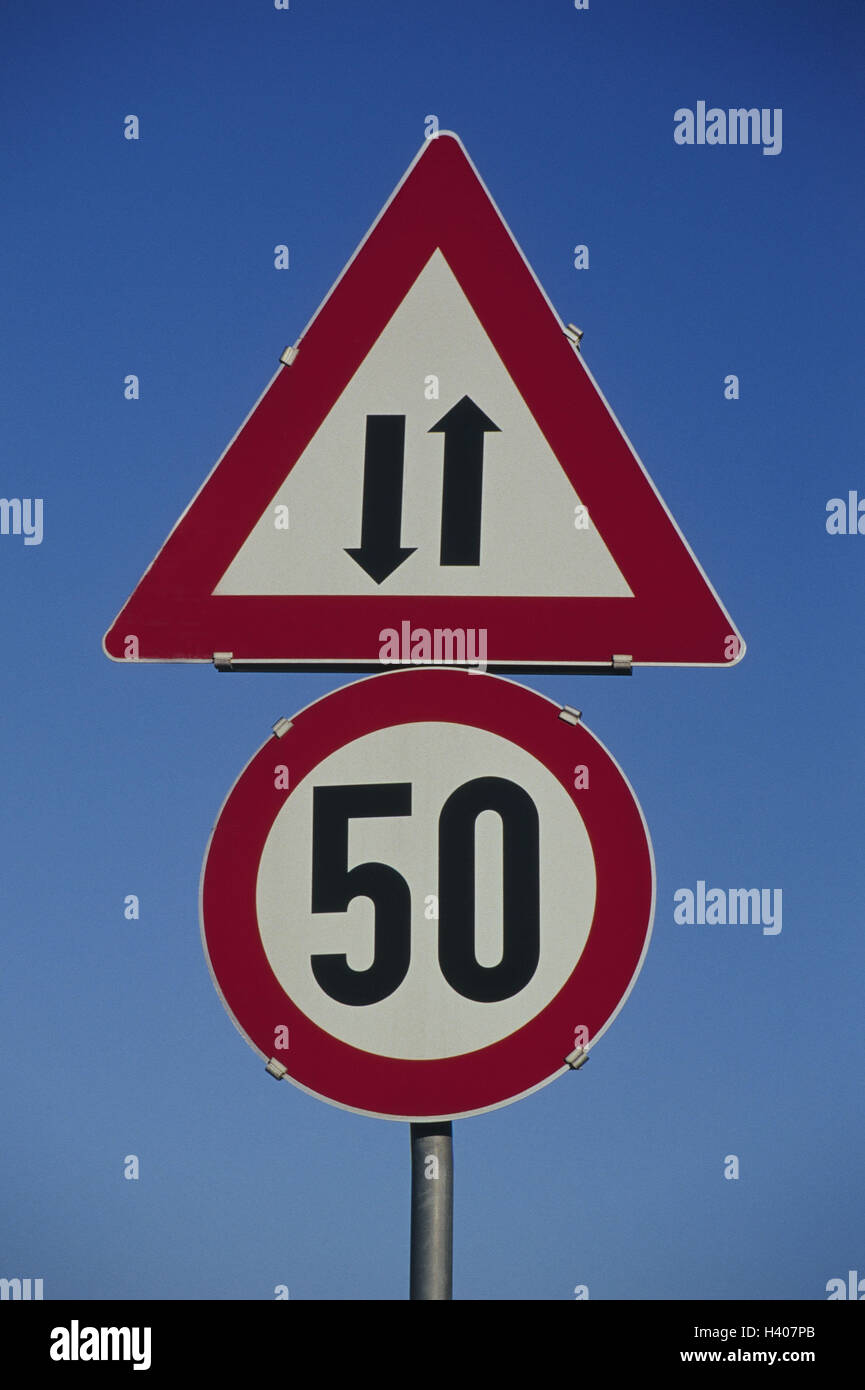 Traffic signs, two-way traffic, speed limit, 50 km/h, traffic, traffic sign, road signs, danger signs, speed, restriction, restriction, tempo, '50', speed limit, signs, heavens, product photography, Stock Photo