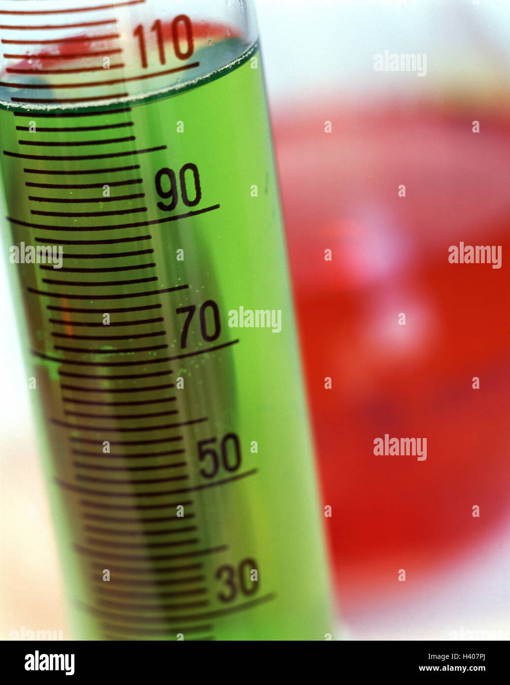 Laboratory vessels, Mensur, dye solution, close up, measuring cylinder