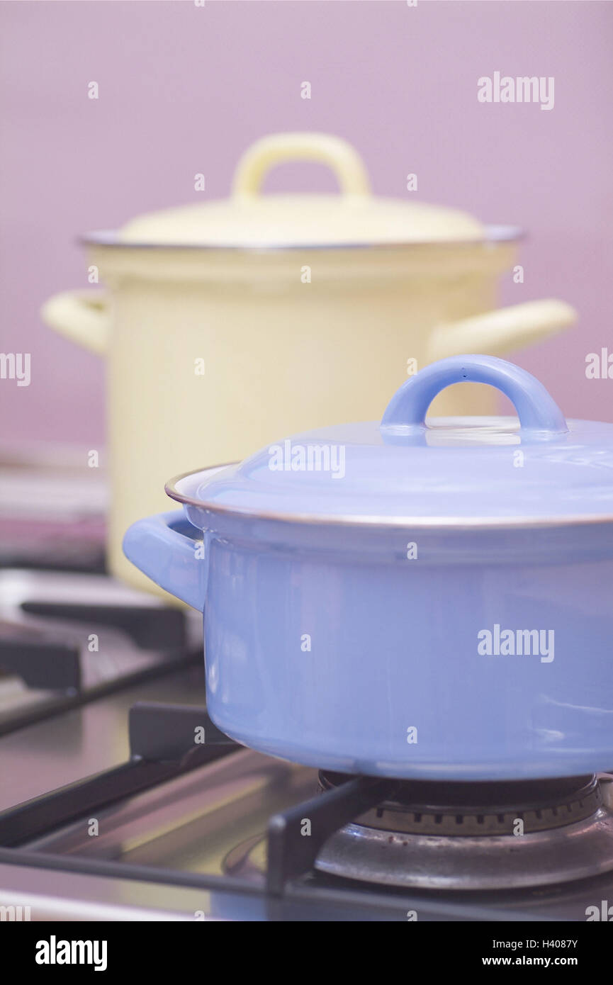 Gas range, pots, detail, curled, cuisine, cooking place, cooking, focus