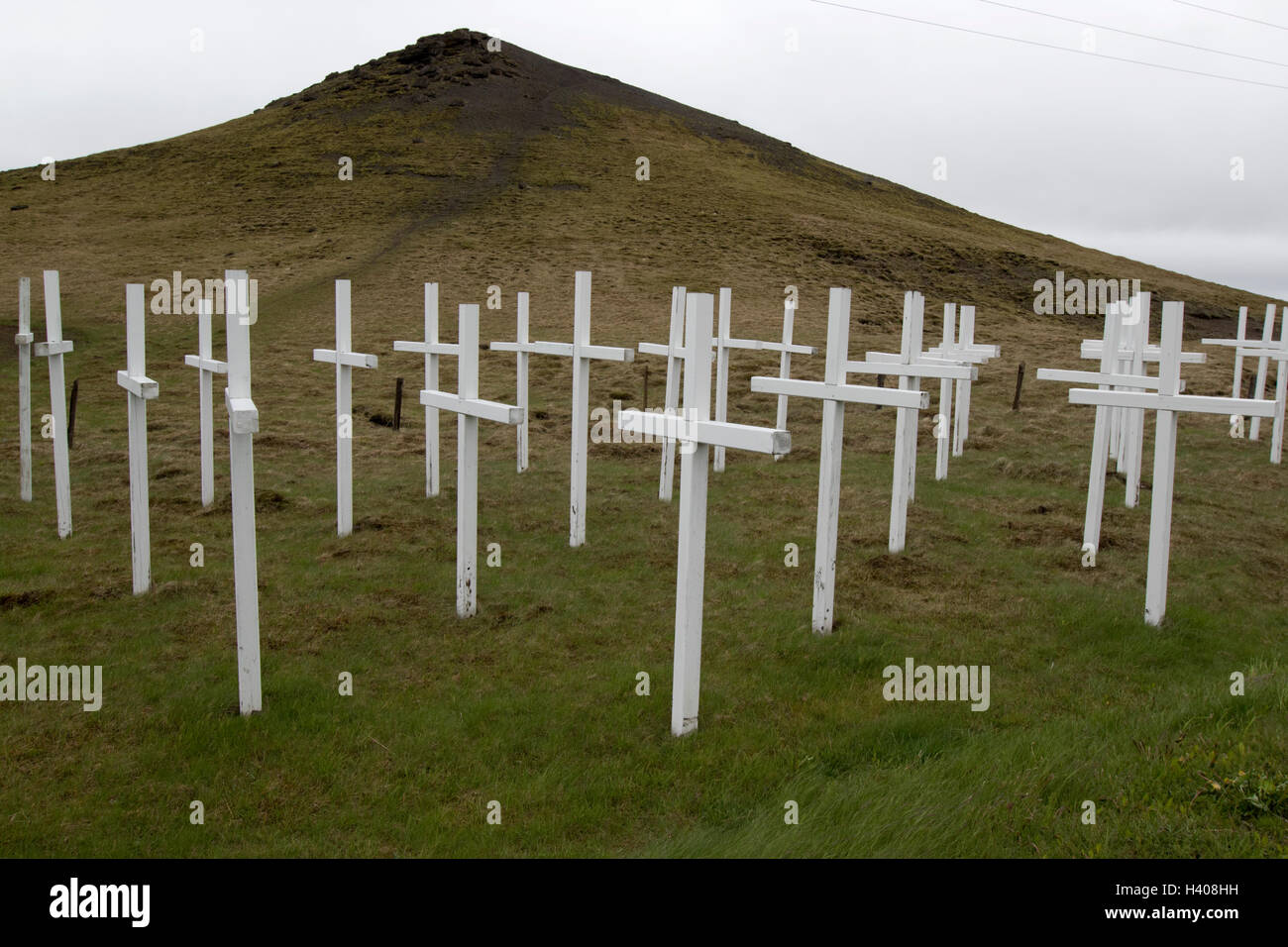 field of crosses memorial to those killed on the main road between reykjavik and selfoss as a warning for dangerous driving cond Stock Photo