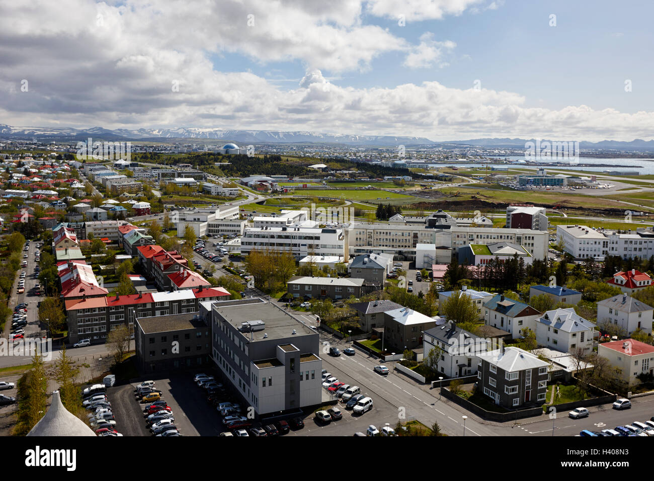 aerial view over the southern end and university hospital city of reykjavik Iceland Stock Photo