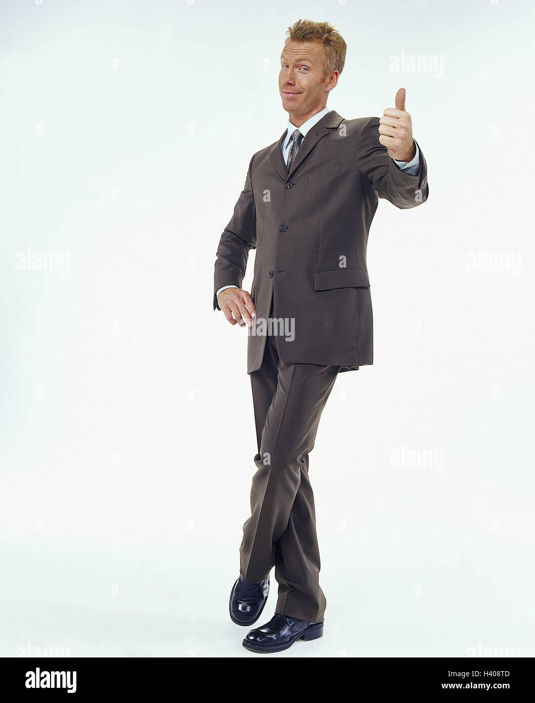 Man, young, suit, gesture, pollex, high, Men, manager, businessman, gesture, O.K., positively, perfectly, in order, well, okay, studio, cut out, Stock Photo