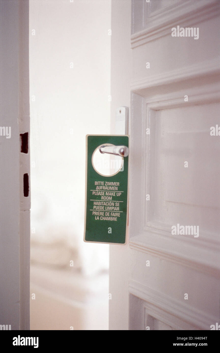Hotel rooms, door, openly, detail, sign "Request room clear up", hotel