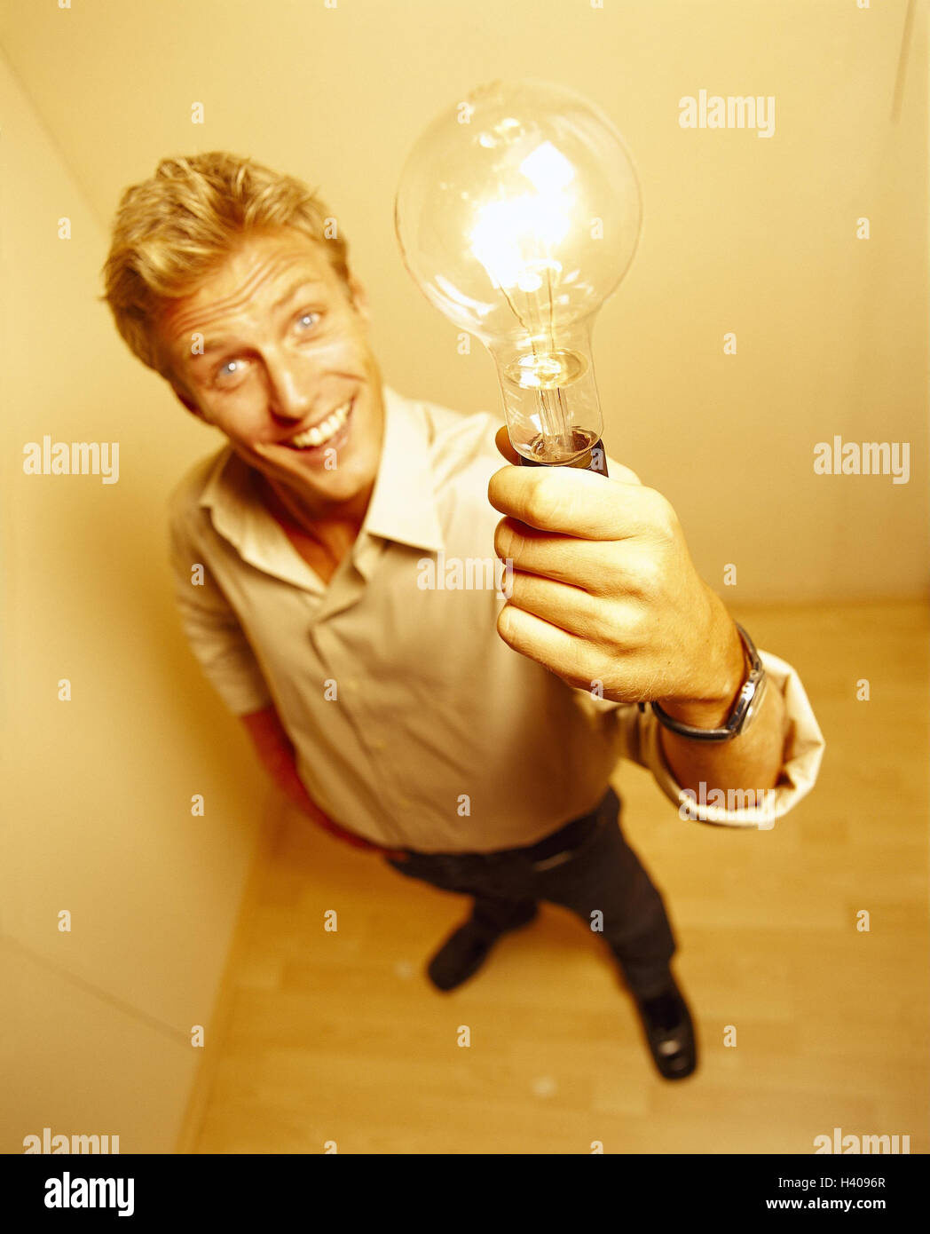 Icon, idea, man, young, corner, stand, hold up lamp, from above