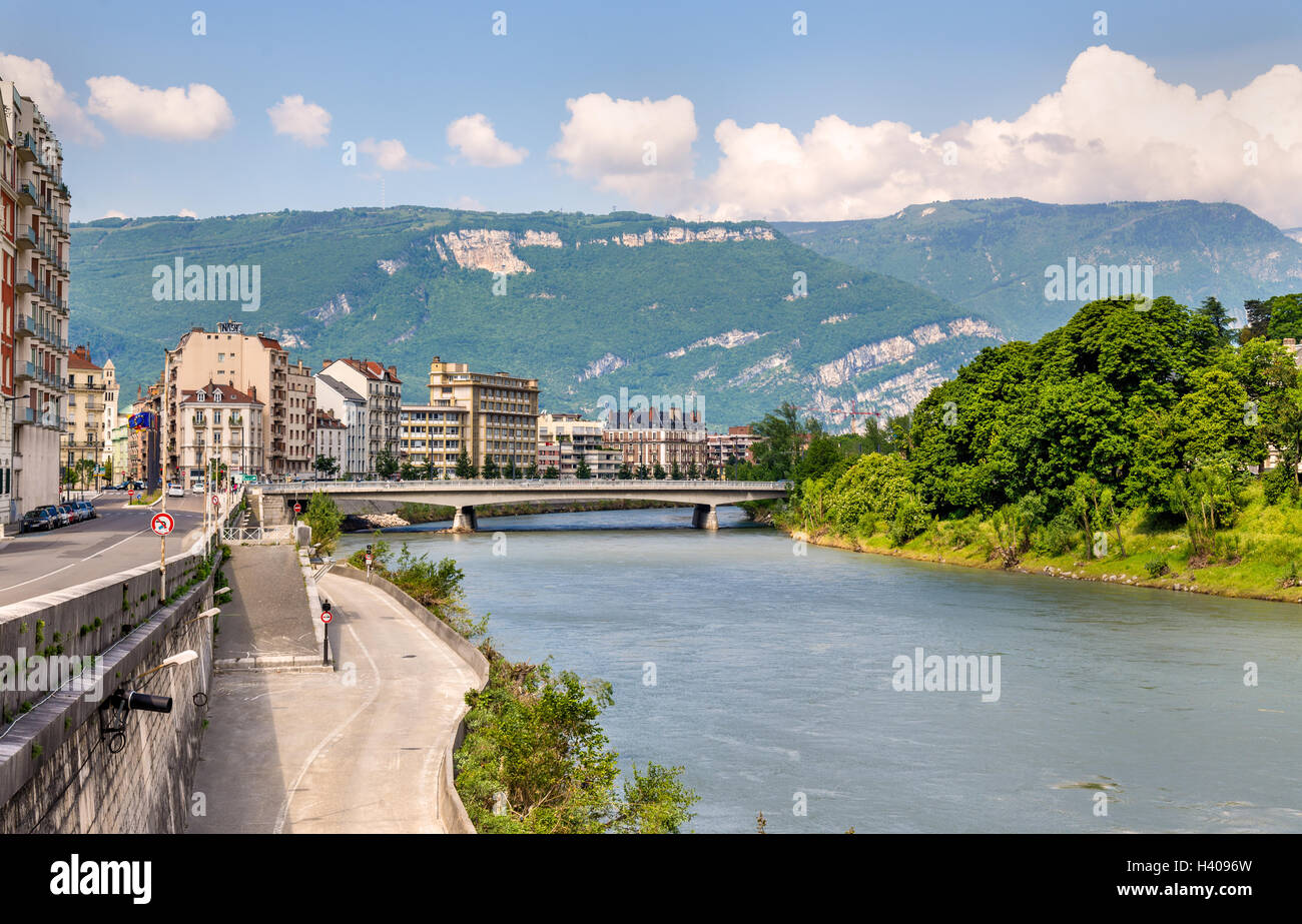 View of Grenoble over the river Isere - France Stock Photo