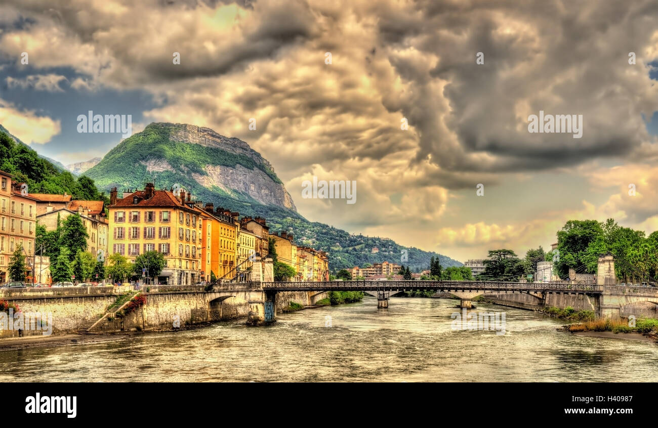 View of Grenoble over the river Isere - France Stock Photo