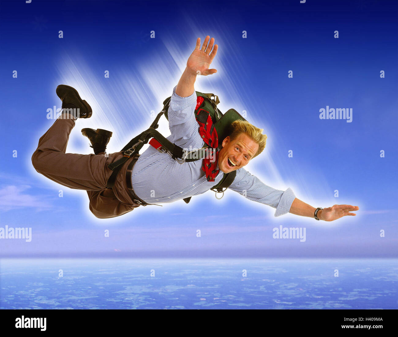 Composing, man, young, parachute crack, heaven, [M], concepts, fall, crack, parachuting, risk, courage, courageously, fun, thrill, enthusiastically, enthusiasm, parachute, free fall Stock Photo