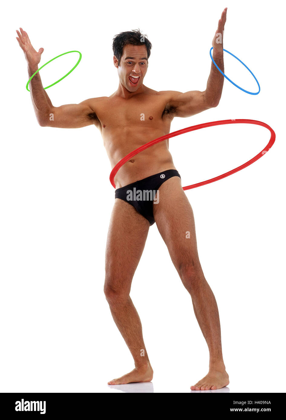 Man, swimming trunks, hula Hoop tyre, sizes, differently, gesture, Men,  free upper part of the Body, swimwear, laugh, glad, fun, acrobatics,  high-spirited, tyres, game, toys, studio, cut out Stock Photo - Alamy
