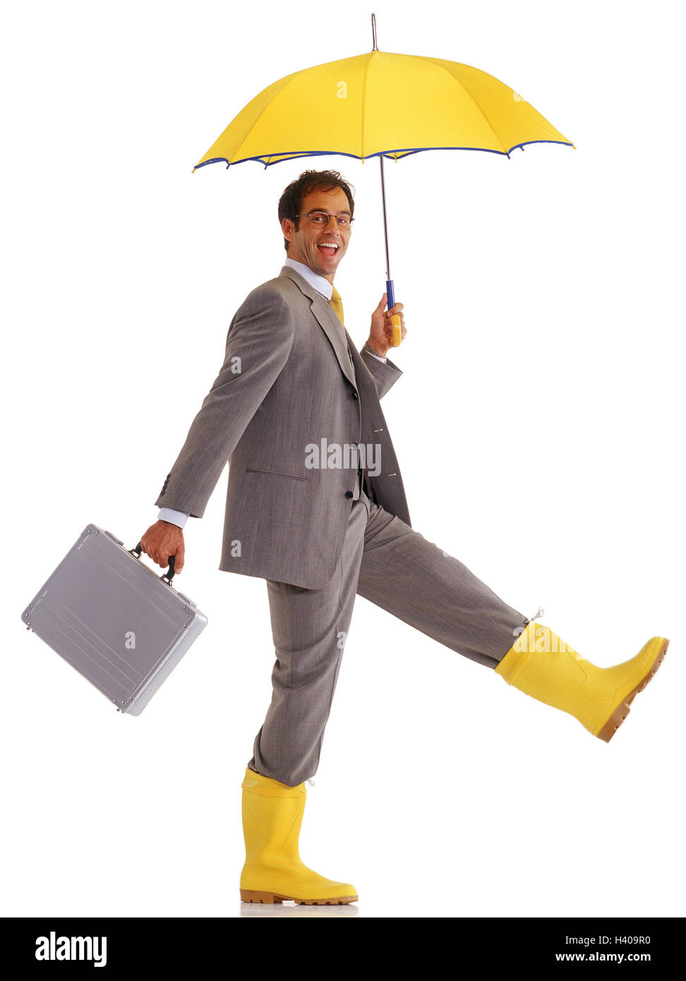 Businessman, young, go, briefcase, umbrella, wellington, professions, studio, cut out, rain