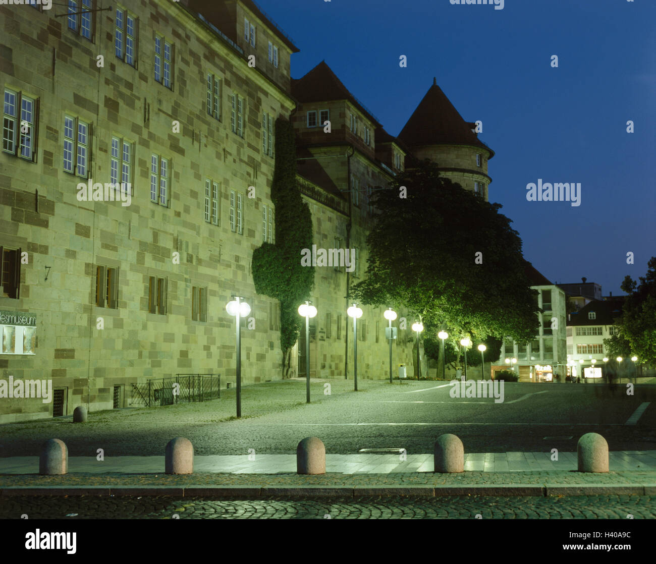 Germany, Baden-Wurttemberg, Stuttgart, old castle, street lamps, lighting, evening, Europe, town, state capital, place of interest, castle, builds 941, museum, Württembergisches land museum, lanterns, street lights Stock Photo