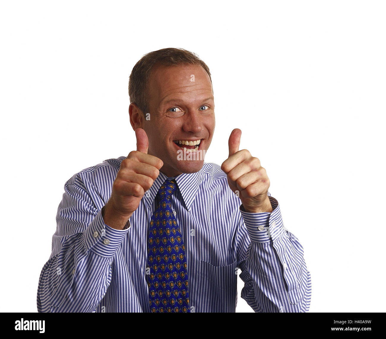 Man, shirt, tie, gesture, pollex, high, positively, portrait, Men, businessman, manager, studio, cut out, O.K., okay, success, perfectly, in order, cheering, enthusiasm, joy, happy, pleases, enthusiastically, near, Stock Photo