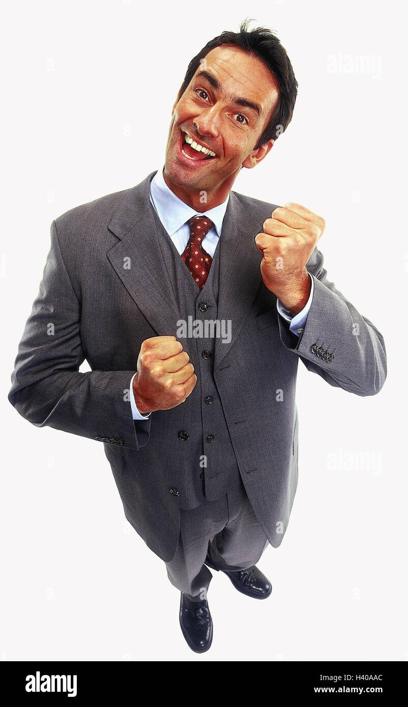 Manager, happy, gesture, power, enthusiasm Men, studio, cut out, man, businessman, suit, from above, Elan, starch, success, swing, temperament, bite, ability getting through, actively, dynamically, lively, Stock Photo
