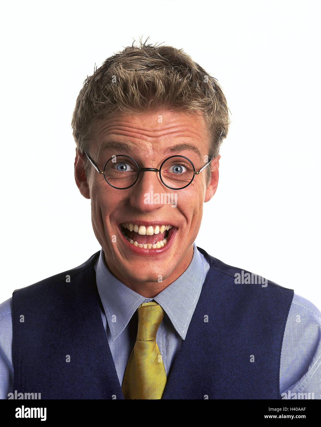 Man, young, glasses, shirt, waistcoat, tie, joy, laugh, please portrait Men, studio, cut out, fun, enthusiasm, happy, enthusiastically, surprises, Stock Photo