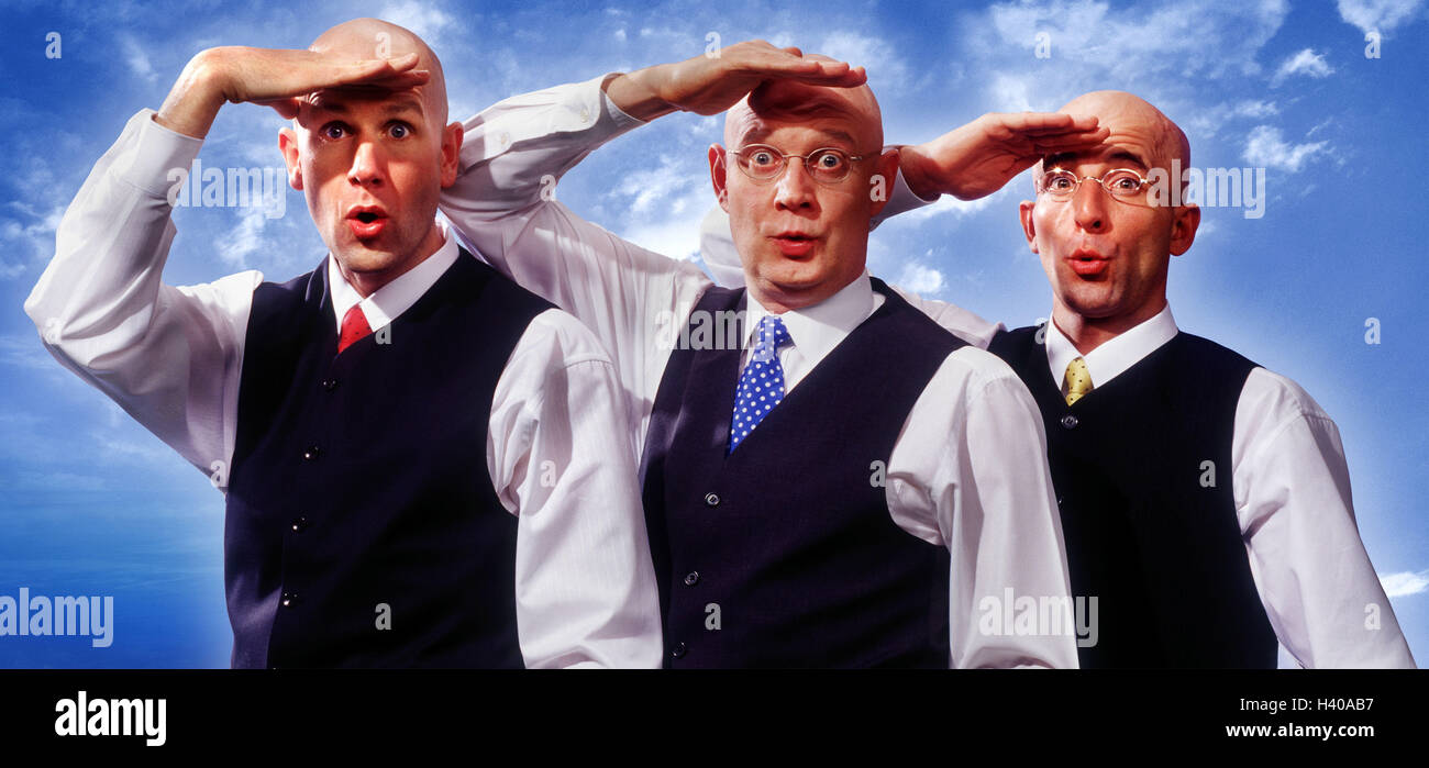 Men, three, bald head, shirt, waistcoat, tie, gesture, view, distance, astonished, portrait, Men, studio, business people, Manager, stand, look, search, look, together, friends, team, Teamwork, colleague, search, observe, discovers, surprised, information, news, cloudy sky, Stock Photo