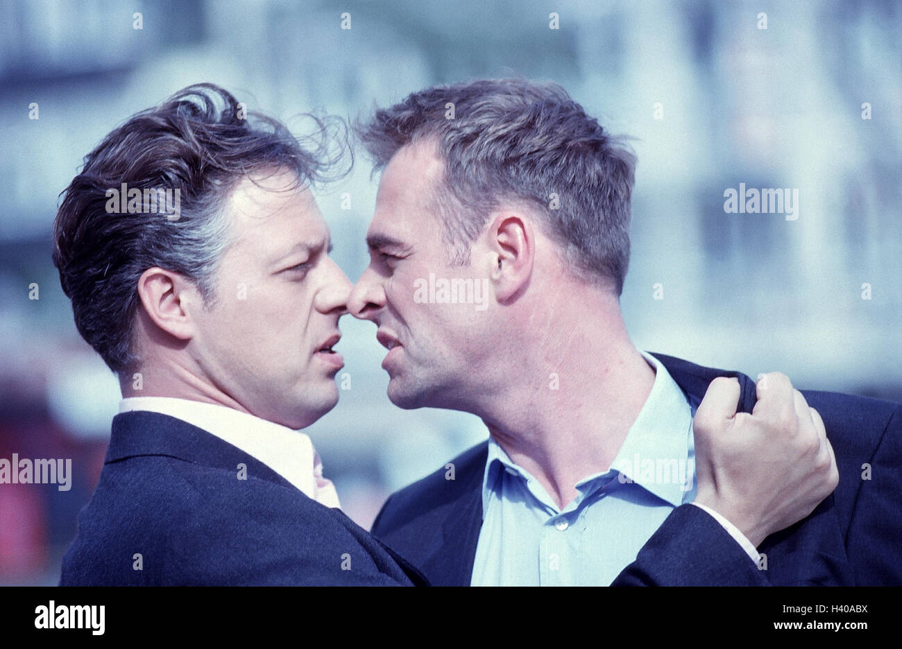 Men, two, fight, touch, noses, page portrait, outside, man, argue, attack adults, expression, rage, fury, angrily, furiously, aggressively, aggressiveness, enemies, hostility, violent, portrait, Stock Photo