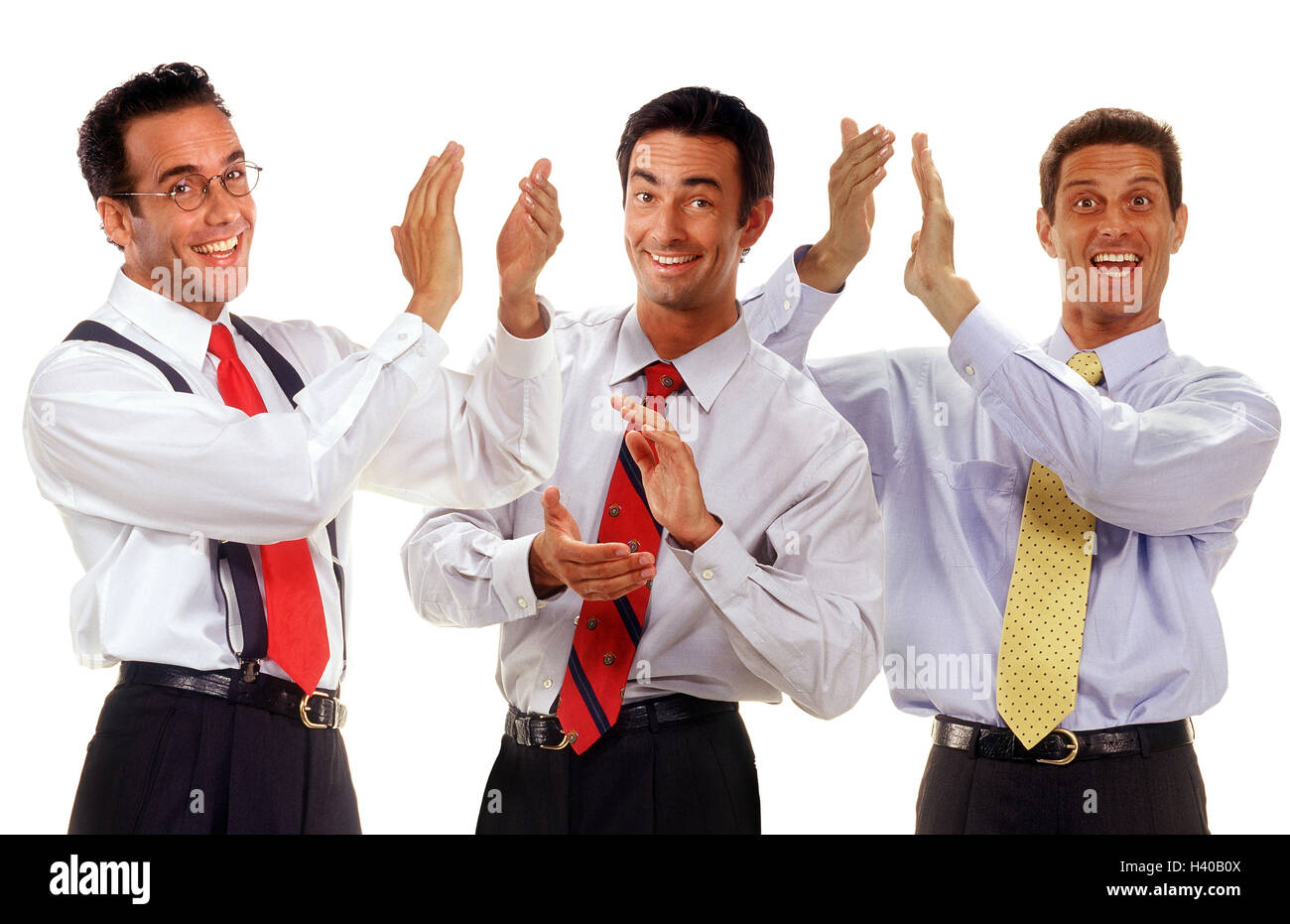 Business people, three, shirtly, happy, applaud, professions, men, joyfully, enthusiastically, applause, applause, clap, near, studio, cut out, enthusiasm, approval Stock Photo