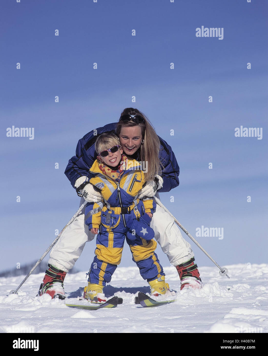 Ski runway, Mother, son, skiing snow, winter vacation, winter, winter sports, sport, sportily, ski, skier, runway, one after the other, learn, plough driving Stock Photo