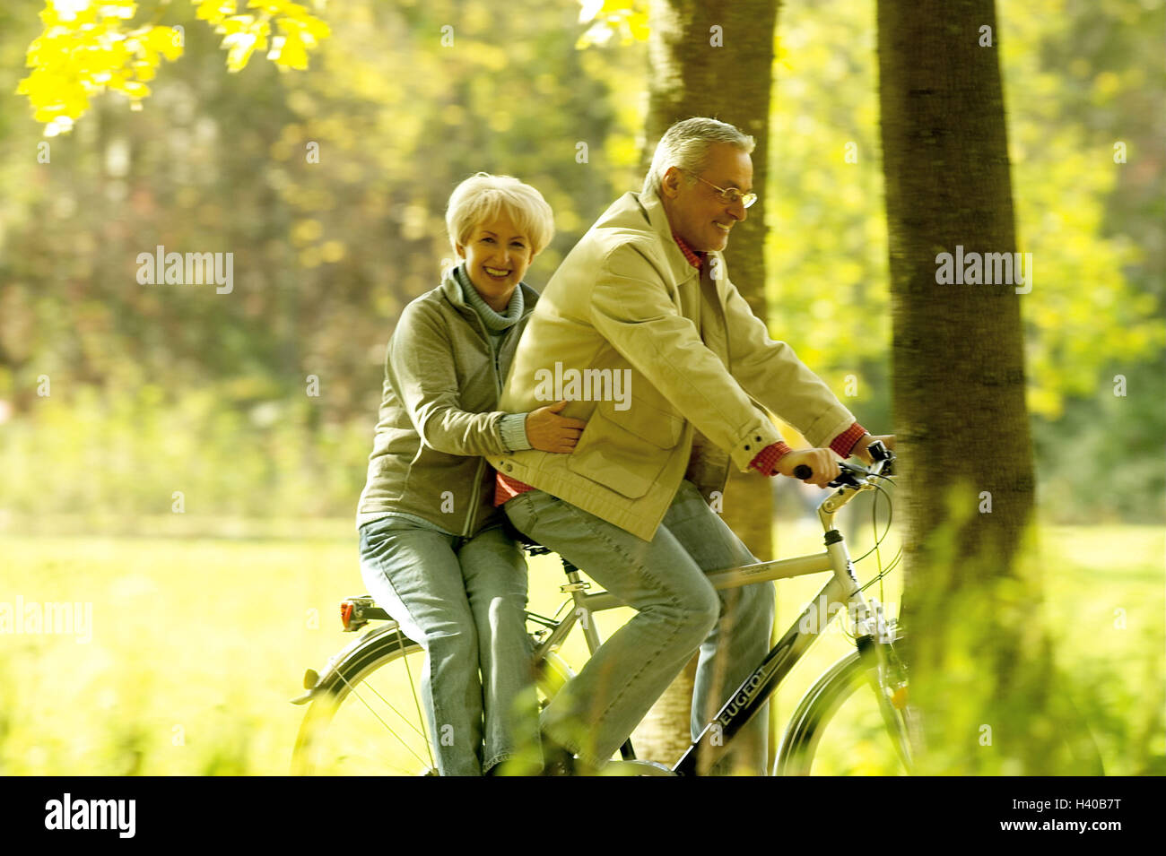 Forest way, senior, bicycle driving, luggage rack, woman, sit, senior ...