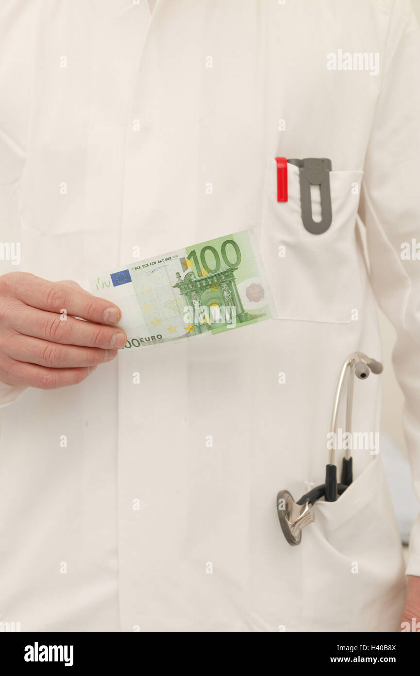 Doctor, payment, 100-euro banknote, detail, medicine, hospital, clinic, hospital, physician at of a hospital, head department, man, 30 - 40, occupation, remedial occupation, doctor, disease, health, money, banknote, bank note, 100 euros, fee, immediate cash box, medical costs, health insurance, additional payment, health reform, special capacity Stock Photo