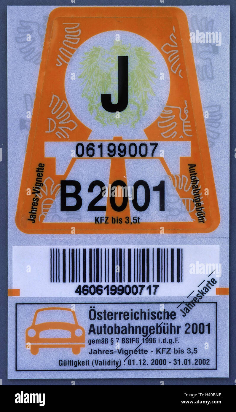 Autobahn-tax sticker, Austria, autobahn-tax sticker, Austrian autobahn-tax sticker, toll, street use, control figures, in 2001 Stock Photo