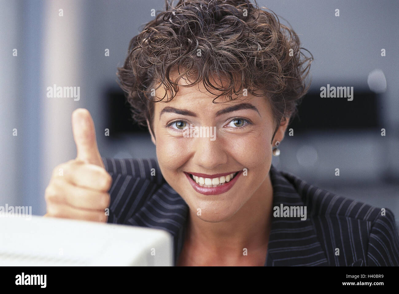 Woman, computer, gesture, pollex, high, joy, detail, office workers, office, computer, manager, show, indicate, sign language, O.K., body language, success, victory, triumph, positively, happy, inside Stock Photo