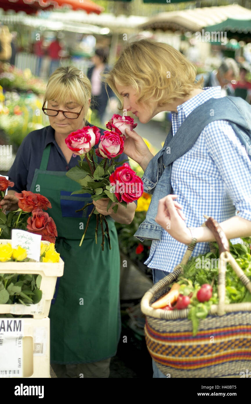 Market, flower stand, shop assistant, roses, woman, flowers, smell ...