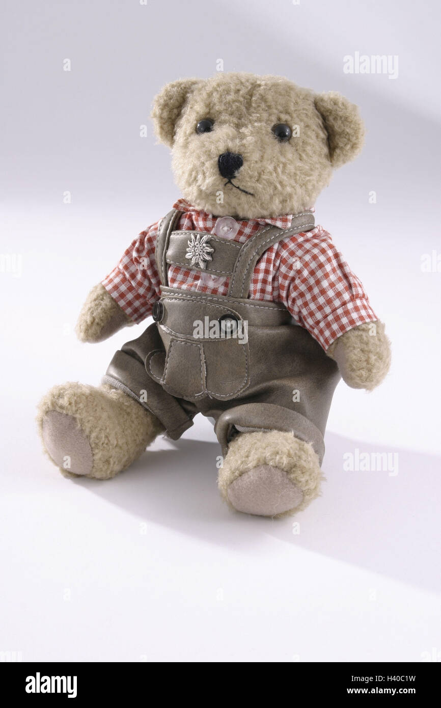 Teddy, leather ball trousers, shirt teddy bear, soft toy, soft animal, soft toy, drawn, clothes, in Bavarian, alpine, national costume, toys, toys, childhood, souvenir, souvenir, stereotype, product photography Stock Photo