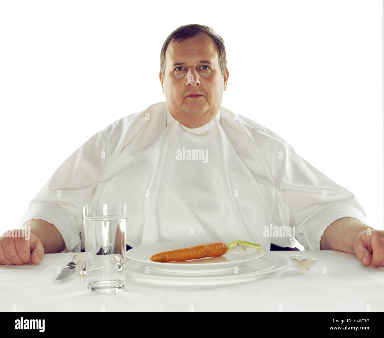 Diet, man, overweight, plate, carrot, seriously middle old person, thickly, bold, overweight, unhealthily, injuriously, adiposity, obesity, fatly, obesity, health risk, head rest on, table, dining table, covered, glass, water, water glass, cover, carrot, Stock Photo
