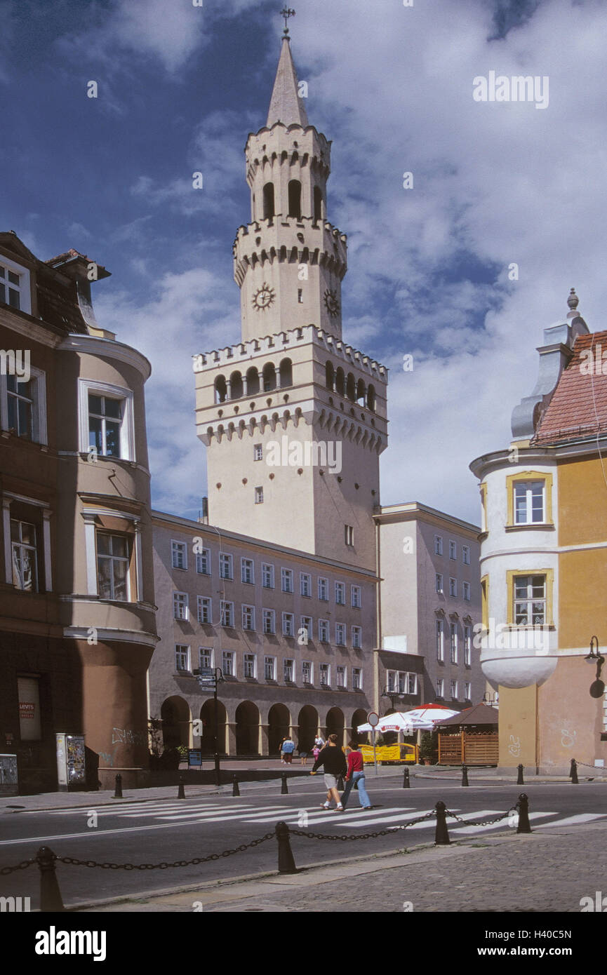 Poland, Silesia, Oppeln, city hall, Europe, Rzeczpospolita Polska, Slask, Opole, town, place of interest, secular building, structure, building, architecture, replica Palazzo Vecchio in Florence, builds in 1932, city hall tower Stock Photo