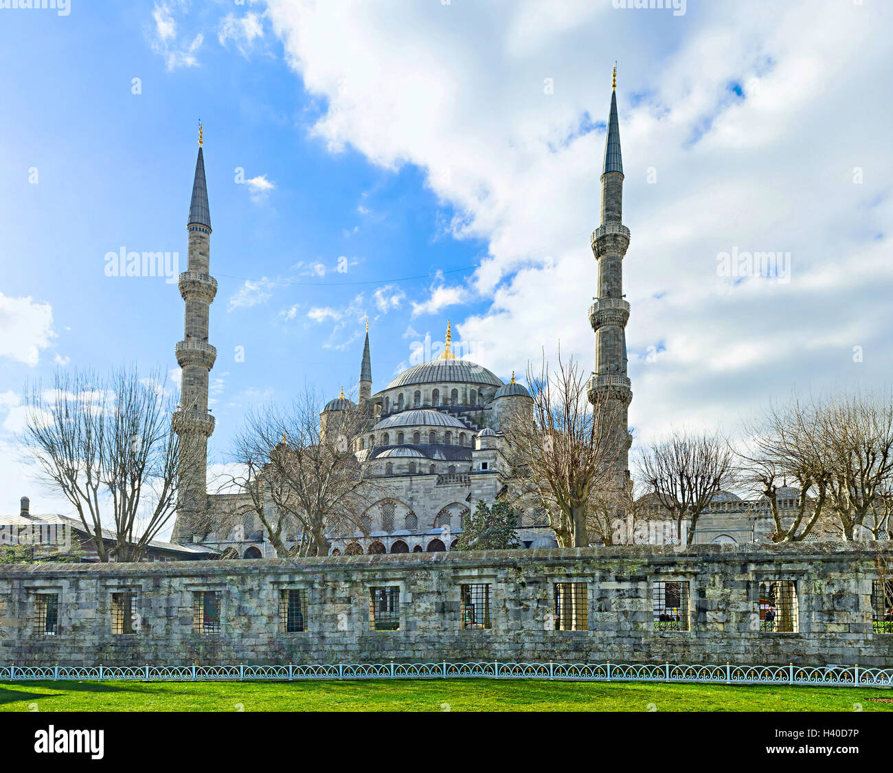 The view on the Blue Mosque behind the old rampart, Istanbul, Turkey. Stock Photo