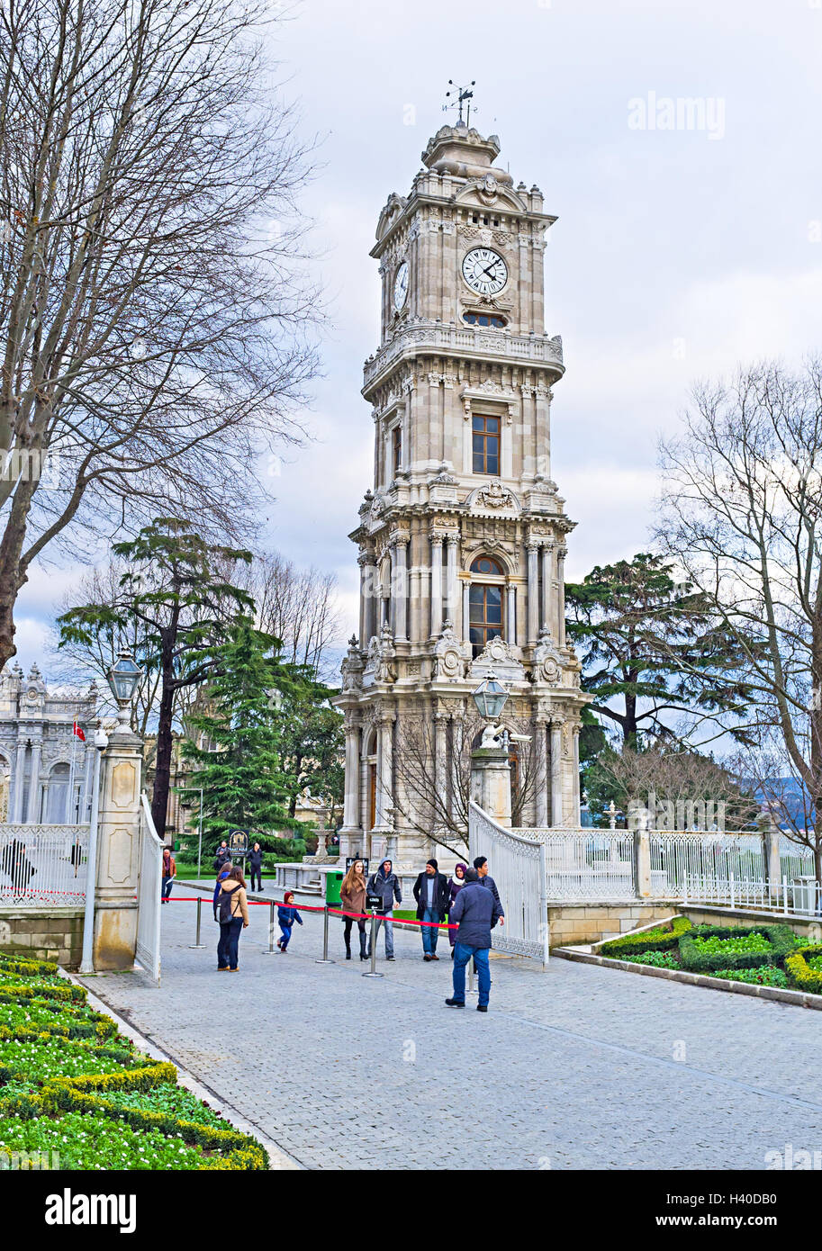 The beautiful ottoman neo-baroque clock tower of Dolmabahce Palace Stock Photo