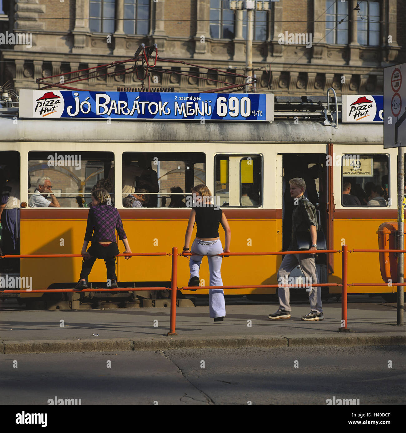 Hungary, Budapest, centre, streetcar, stop, passer-by, Europe, capital, street, traffic, means transportation, publicly, transport, promotion, street scene, pedestrian, outside Stock Photo