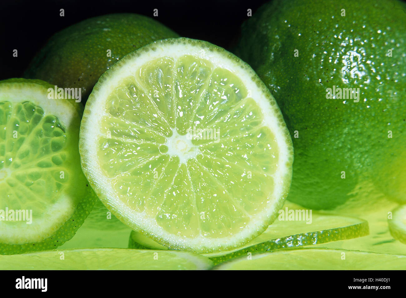 Limes, completely, slices, Still life, fruit, fruits, citrus fruits