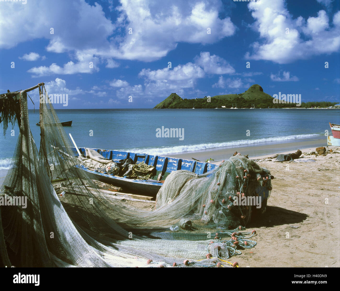 WestIndian islands, Saint Lucia, Vigie Beach, fishing boat, networks, the small Antilles
