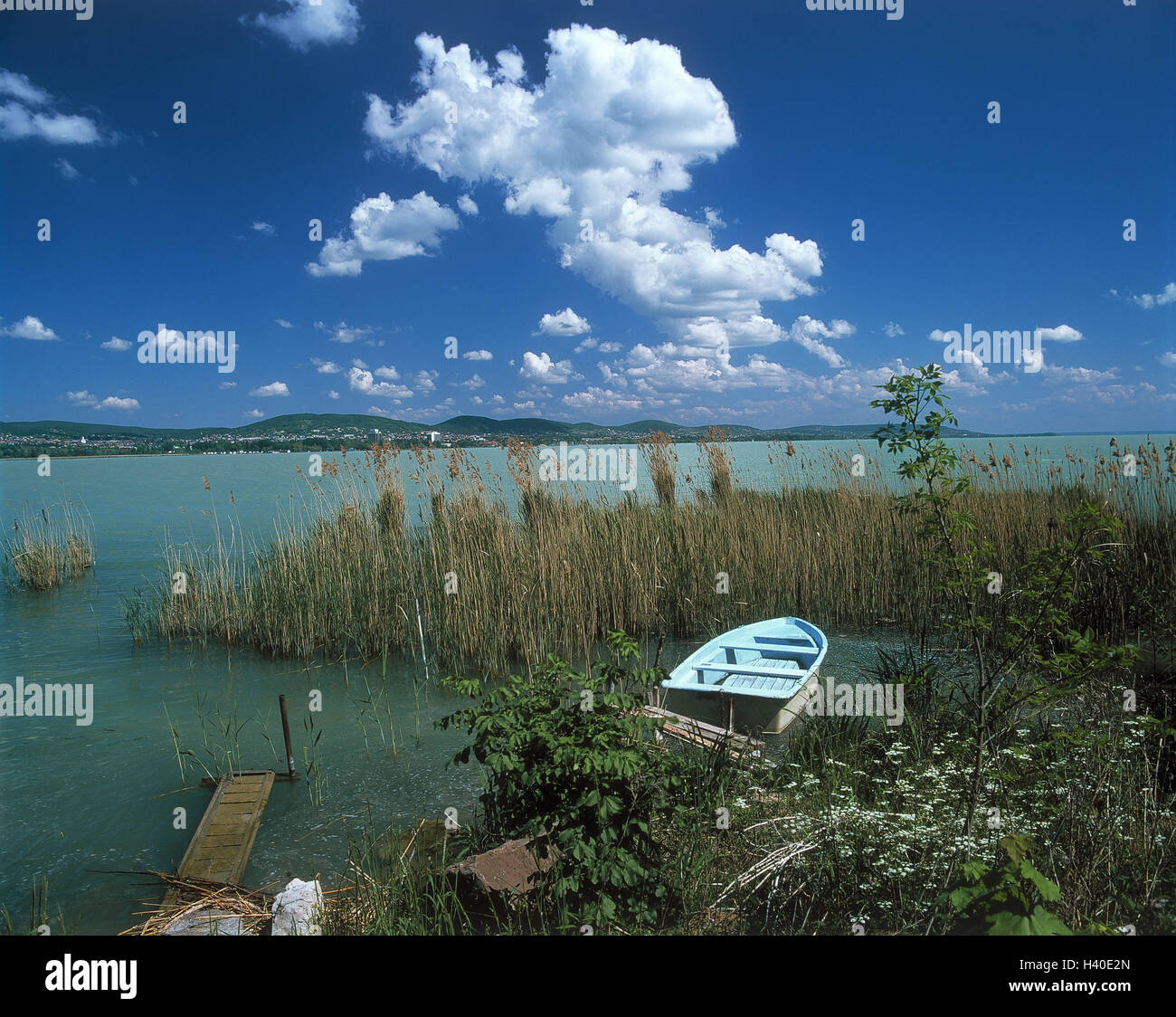 Hungary Tihany Disk Lake Shore Reed Boat Region Balaton Balaton Lake Bridge Wooden Jetty Oar Boat Nature Cloudy Sky Summer Outside Stock Photo Alamy